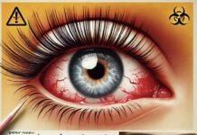 A young woman with a visibly damaged, irritated eye caused by excessive use of eyelash extensions and colored contact lenses.