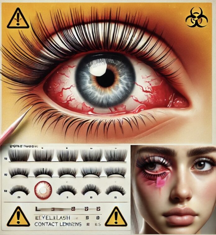 A young woman with a visibly damaged, irritated eye caused by excessive use of eyelash extensions and colored contact lenses.